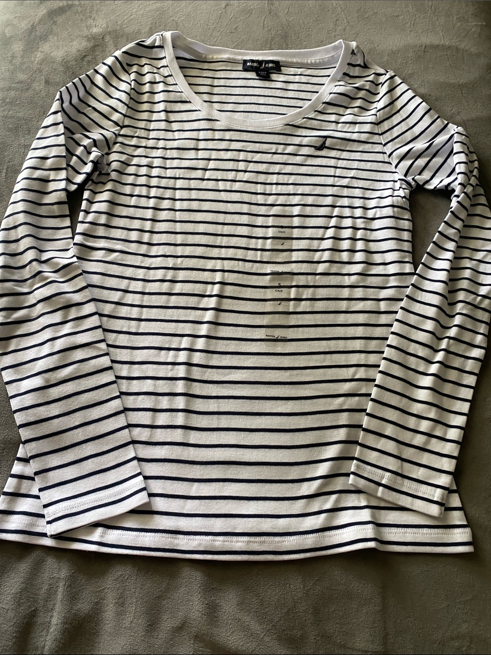 Nautica White and Navy Striped Crewneck Tee